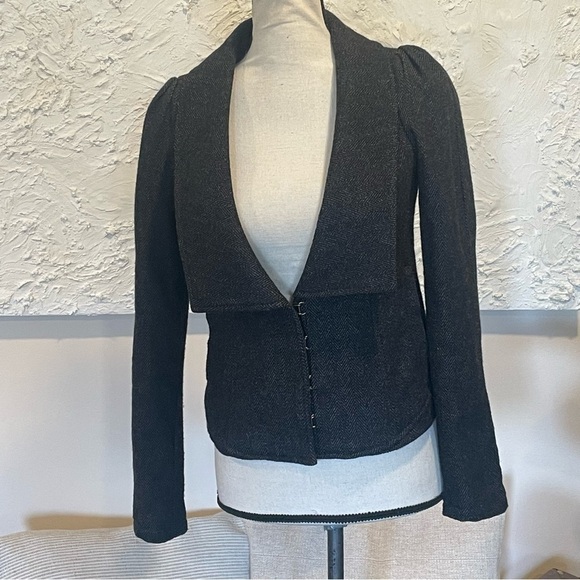 Free People Tweed Blazer Jacket Puff Sleeve Lined Gray Tweed Herringbone Sz 0 - Picture 2 of 12